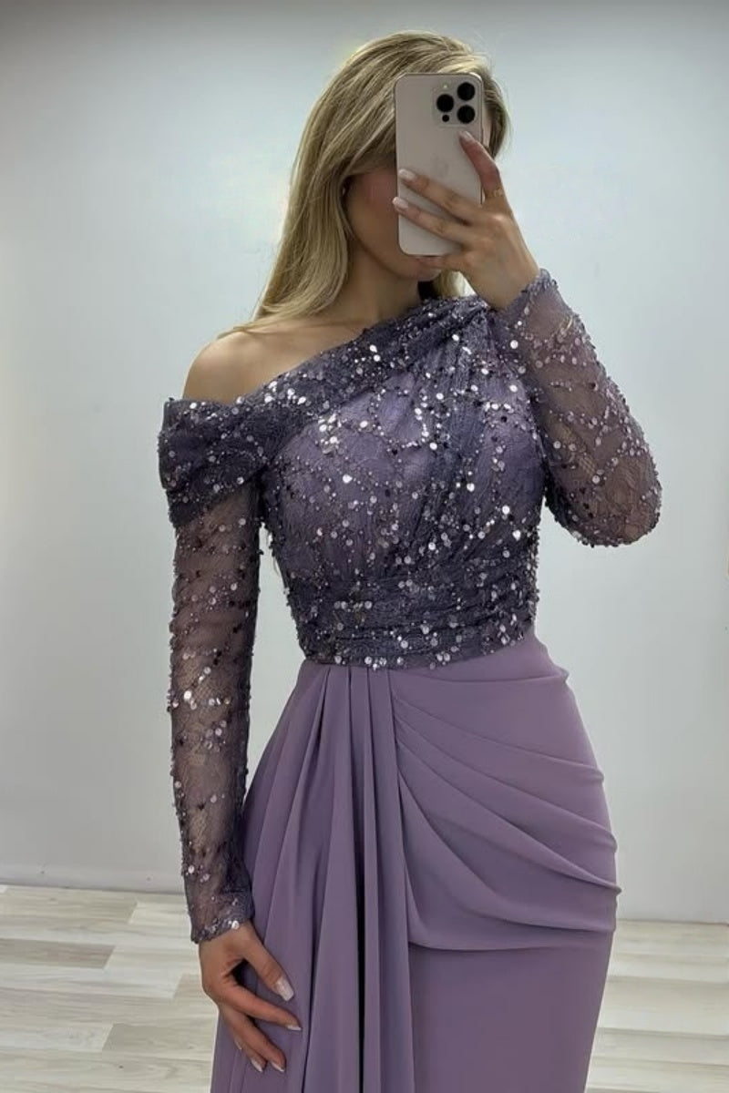 Beautiful Purple Long Sleeves Lace Sequins Evening Dresses