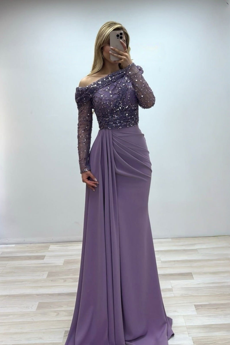 Beautiful Purple Long Sleeves Lace Sequins Evening Dresses