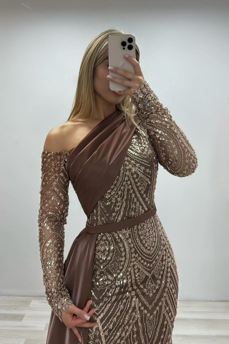 Sparkly Brown Lace Sequins Beadings One Shoulder Evening Dresses