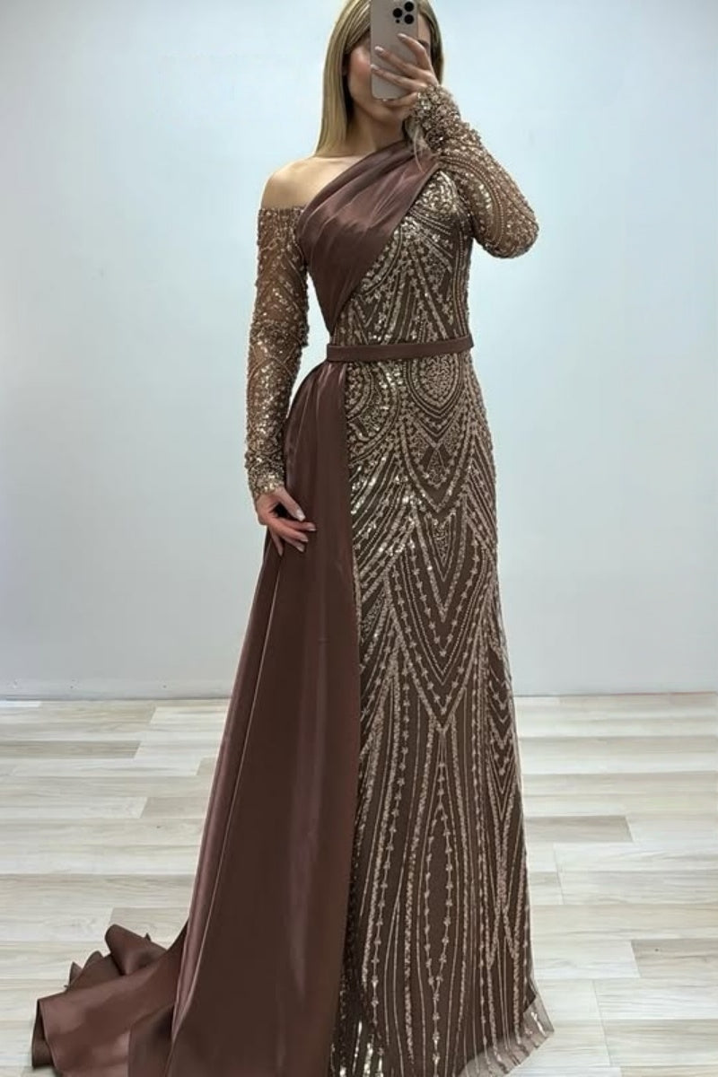 Sparkly Brown Lace Sequins Beadings One Shoulder Evening Dresses