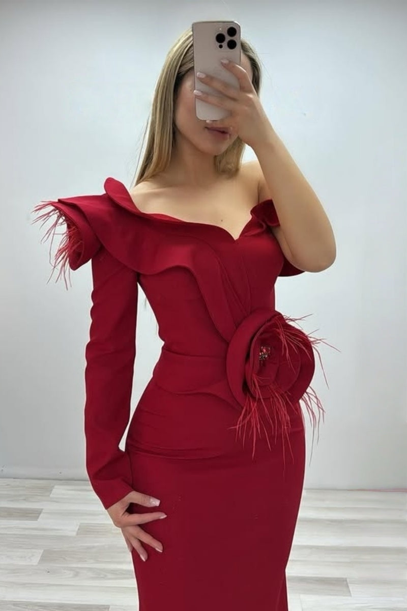 Glamorous Red One Shoulder Mermaid Evening Dresses With Feathers