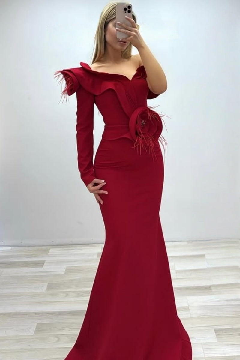 Glamorous Red One Shoulder Mermaid Evening Dresses With Feathers