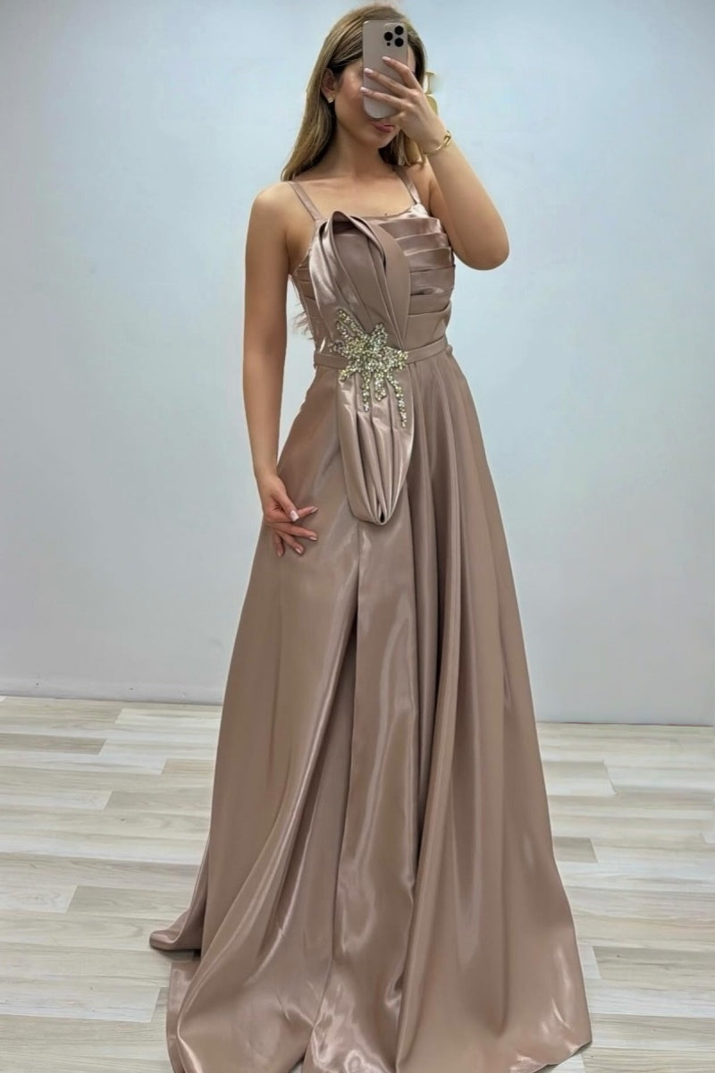 Lovely Rose Gold Spaghetti Straps Evening Dresses With Beadings