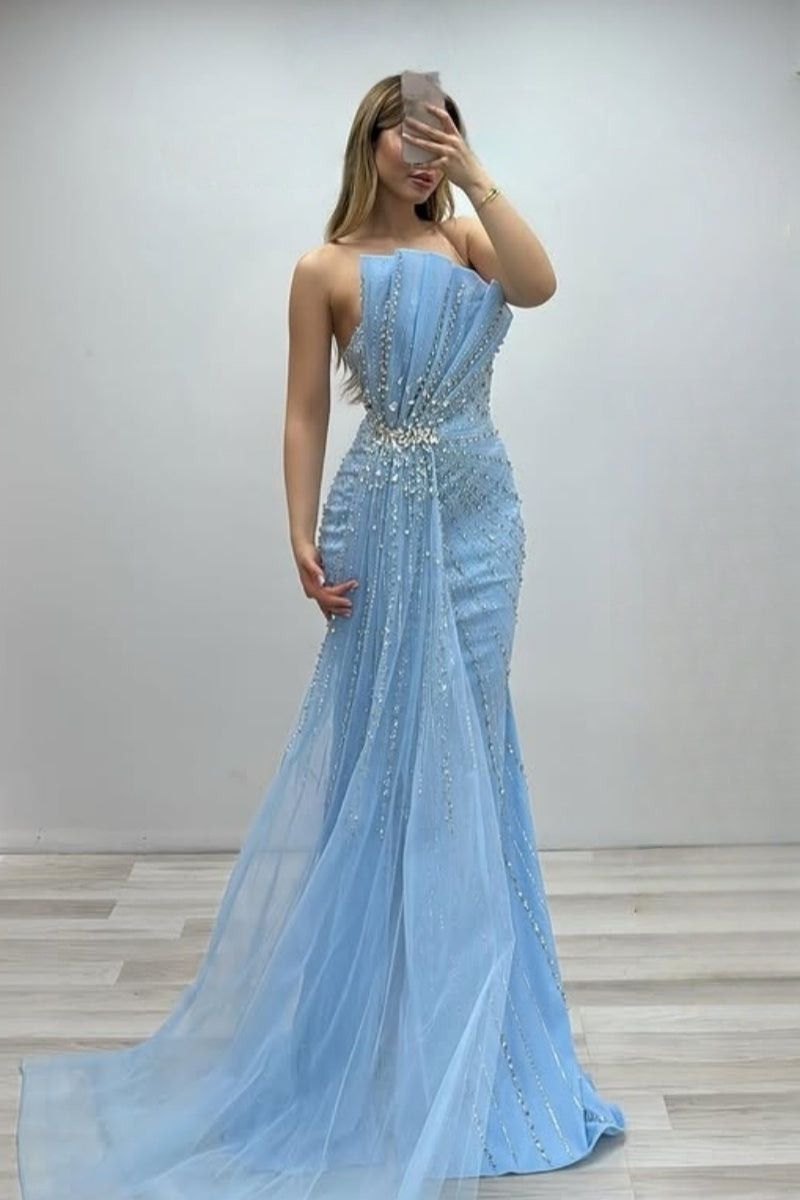 Elegant Blue Tulle Column Evening Dresses With Beadings