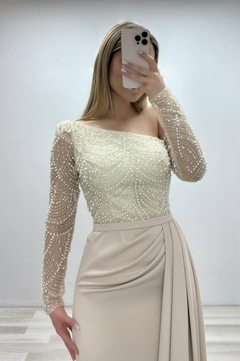 Beautiful Beige One Shoulder Lace Evening Dresses With Beadings