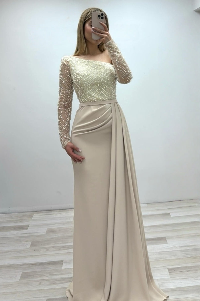 Beautiful Beige One Shoulder Lace Evening Dresses With Beadings