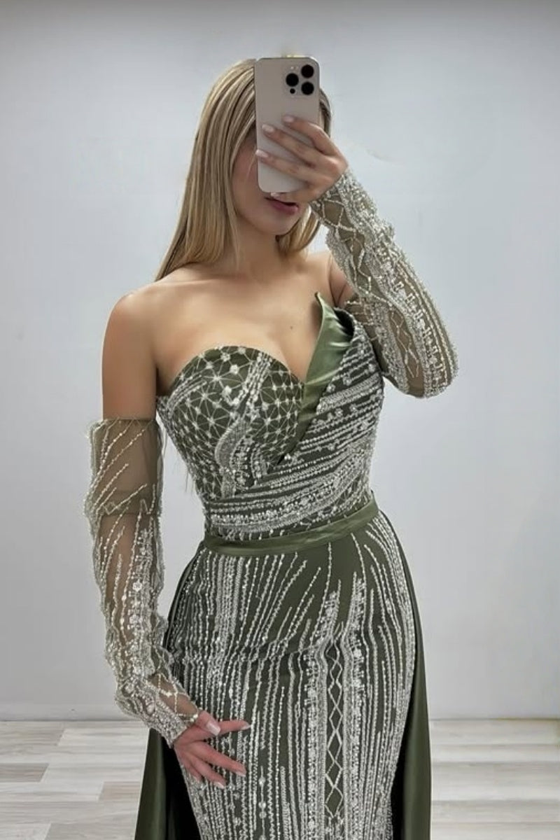 Luxury Olive Green Sweetheart Lace Evening Dresses With Beadings