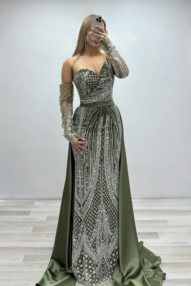 Luxury Olive Green Sweetheart Lace Evening Dresses With Beadings