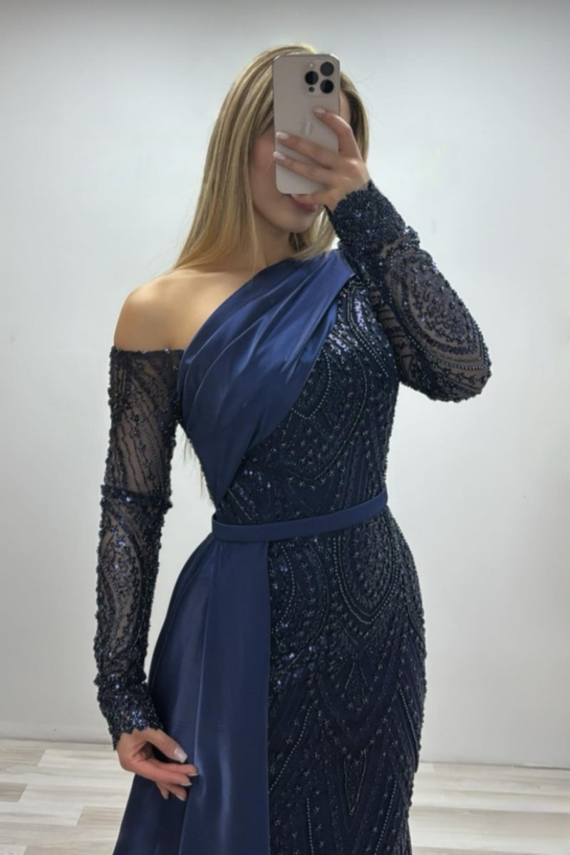 Chic Dark Navy One Shoulder Lace Evening Dresses With Beadings