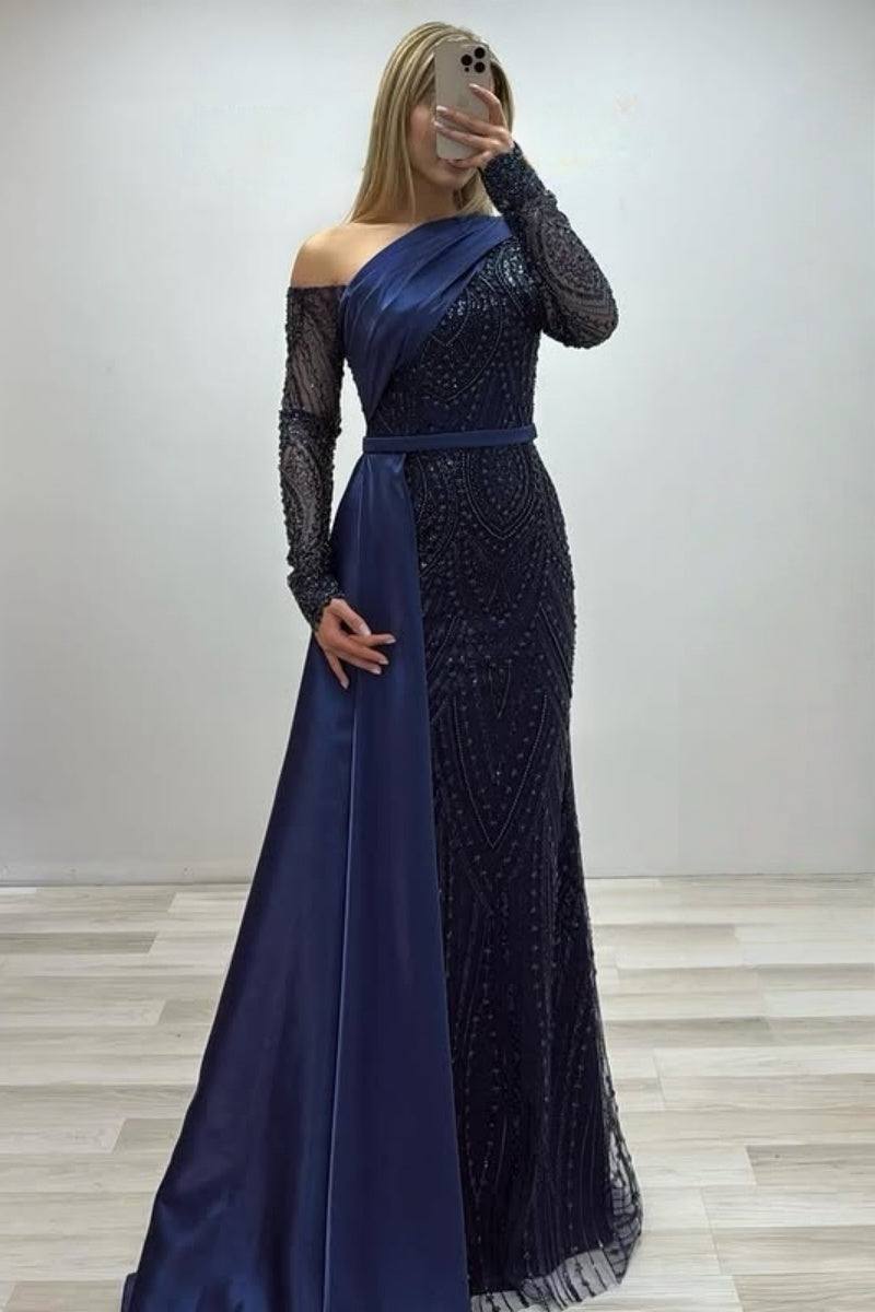 Chic Dark Navy One Shoulder Lace Evening Dresses With Beadings