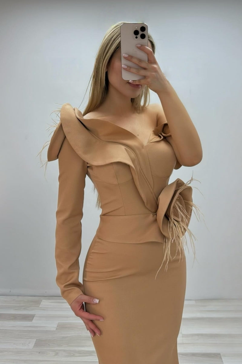 Exquisite Light Khaki One Shoulder Evening Dresses With Feathers