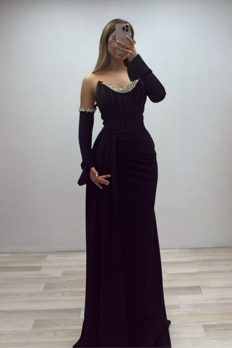 Modern Black Long Sleeves Sweetheart Evening Dresses With Beadings