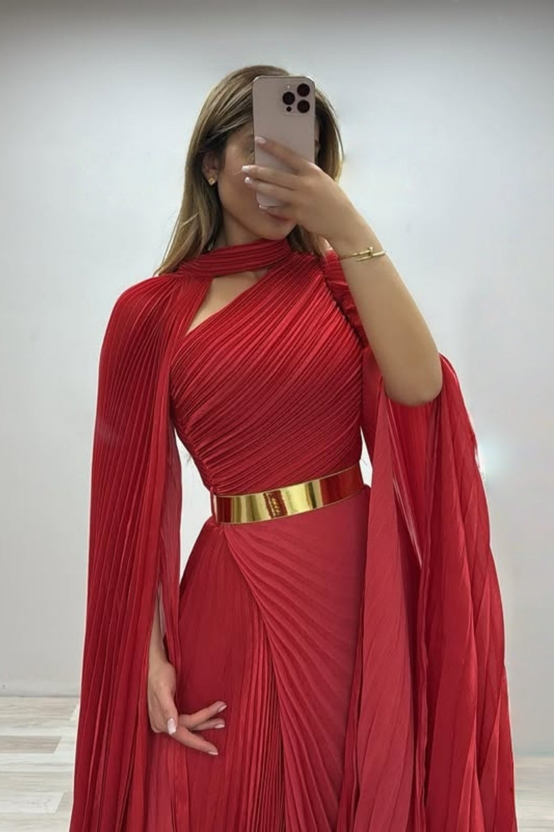 Luxury Red Chiffon One Shoulder Evening Dresses With Gold Belt