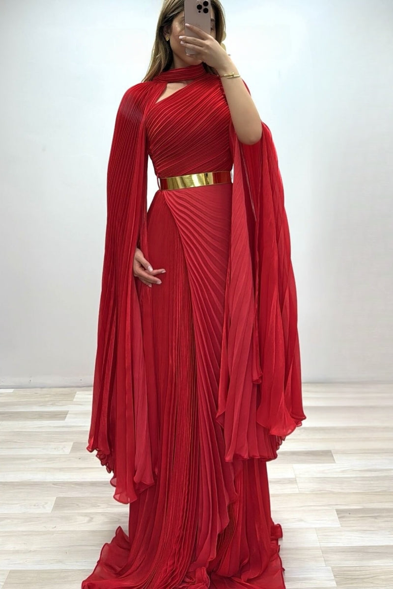 Luxury Red Chiffon One Shoulder Evening Dresses With Gold Belt