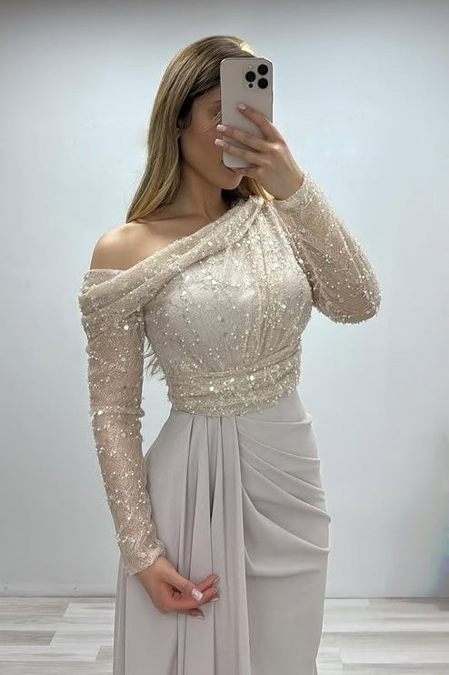 Modern Off-White One Shoulder Lace Evening Dresses With Beadings