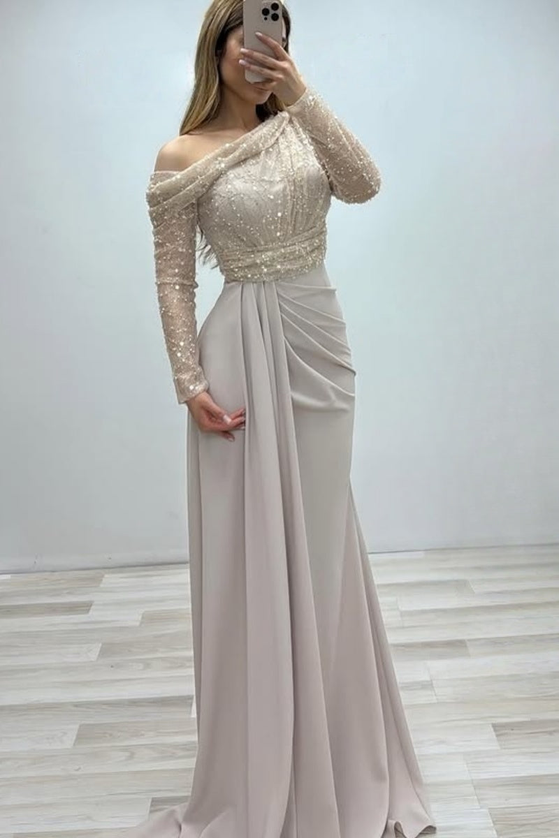 Modern Off-White One Shoulder Lace Evening Dresses With Beadings