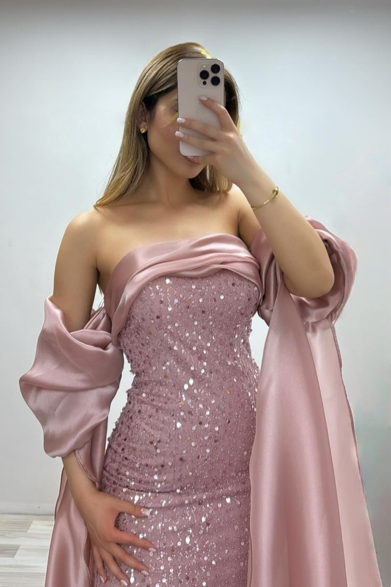 Nectarean Pink Strapless Sequins Evening Dresses With Satin Shawl