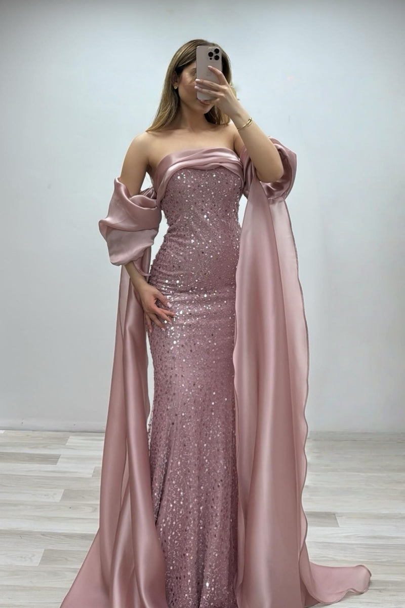 Nectarean Pink Strapless Sequins Evening Dresses With Satin Shawl