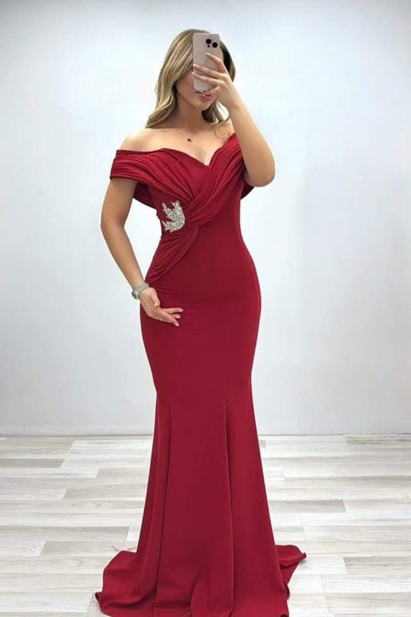 Glamorous Red Off-The-Shoulder Mermaid Evening Dresses With Beadings