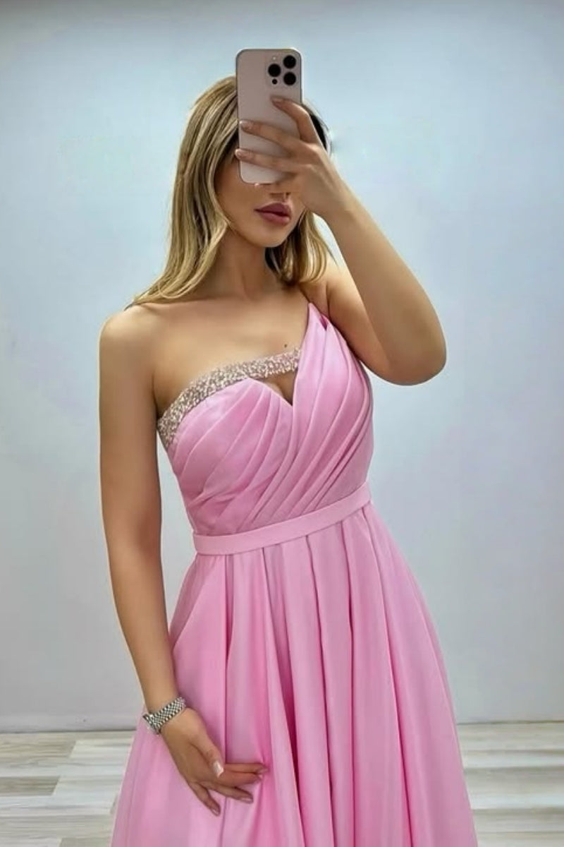 Fancy Pink One Shoulder Satin Beadings Evening Dresses With Belt