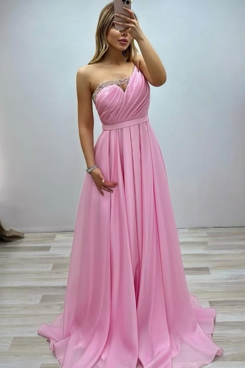 Fancy Pink One Shoulder Satin Beadings Evening Dresses With Belt