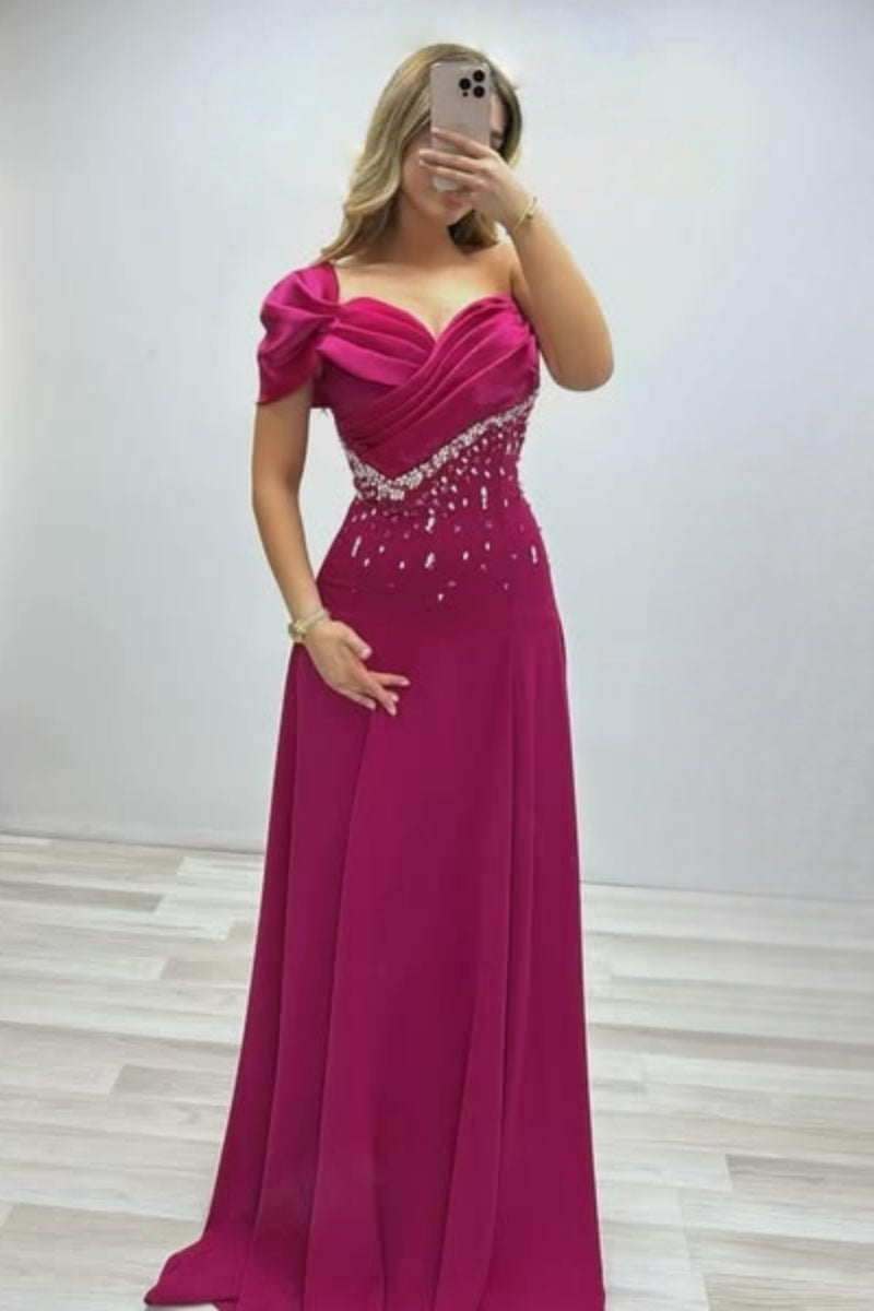 Wonderful Deep Pink One Shoulder Evening Dresses With Beadings