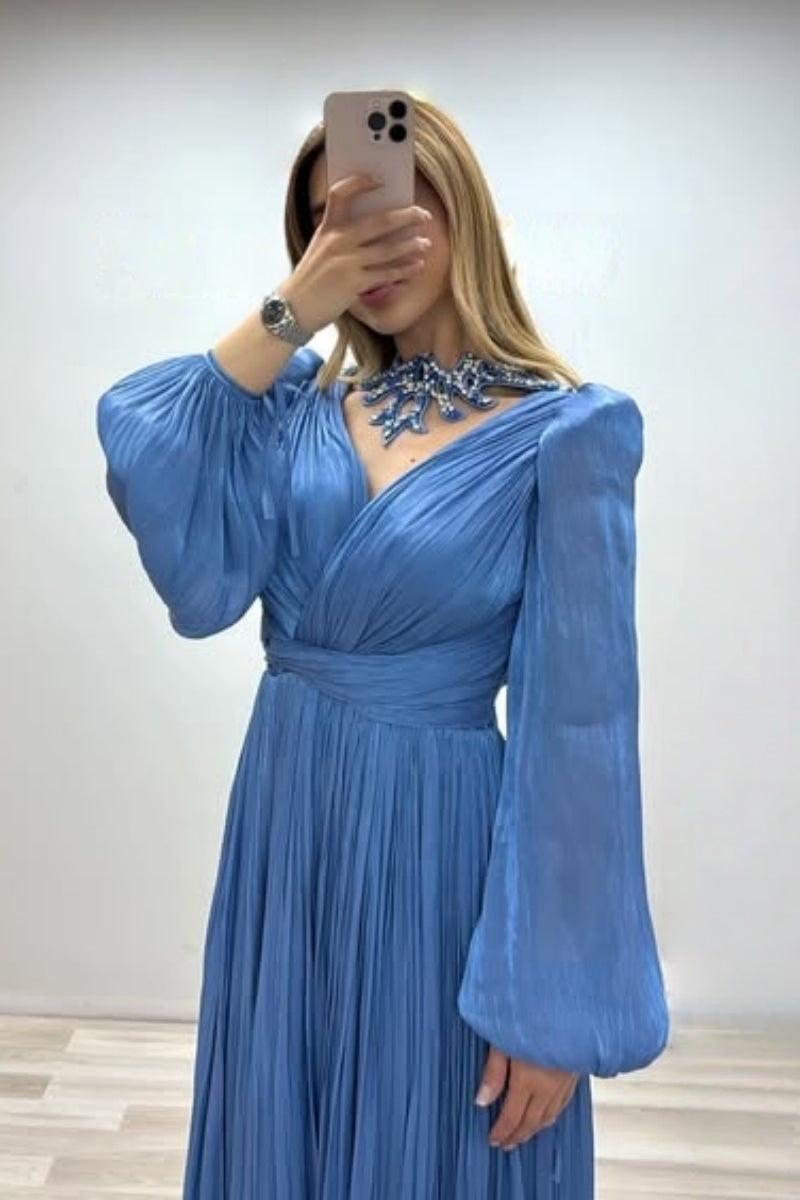 Dignified Blue Chiffon Bishop Sleeves Evening Dresses