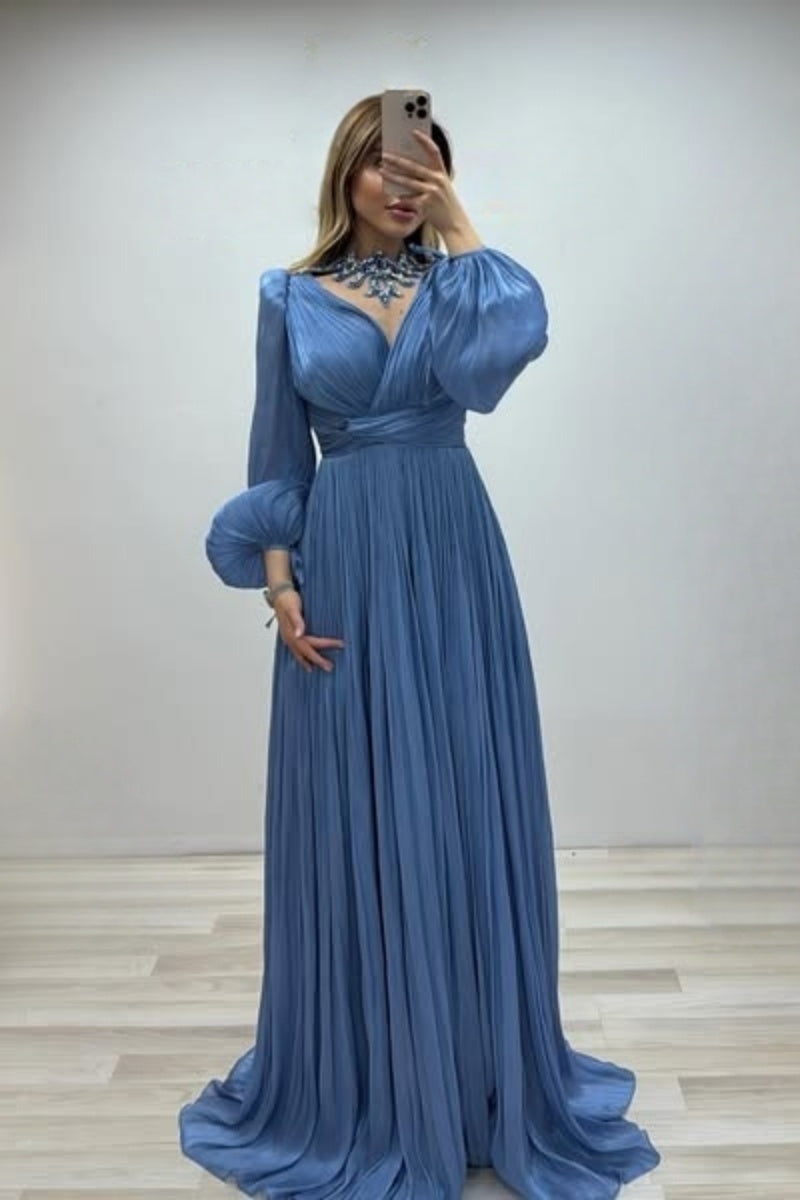 Dignified Blue Chiffon Bishop Sleeves Evening Dresses
