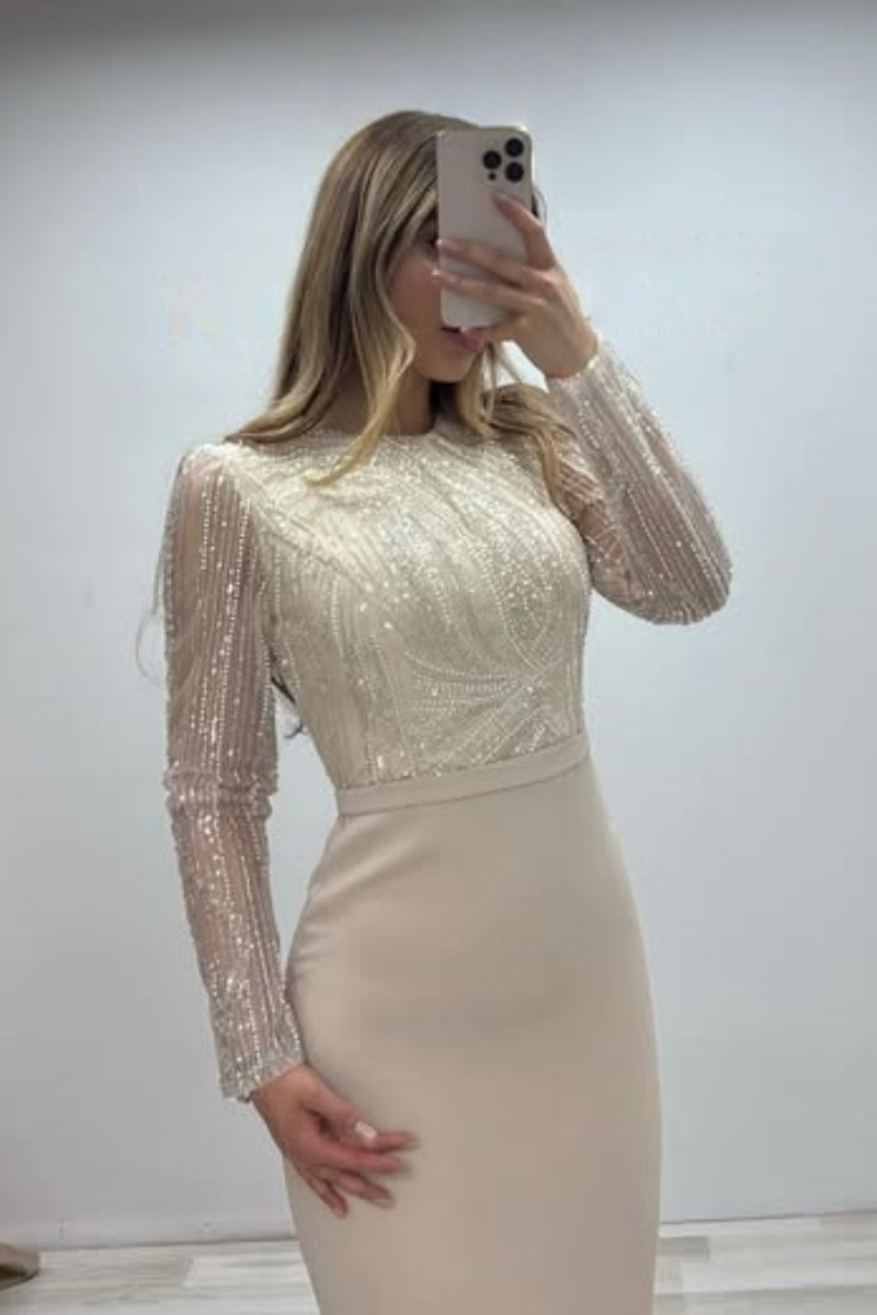 Gentle Beige Tulle Long Sleeves Sequins Evening Dresses With Beadings