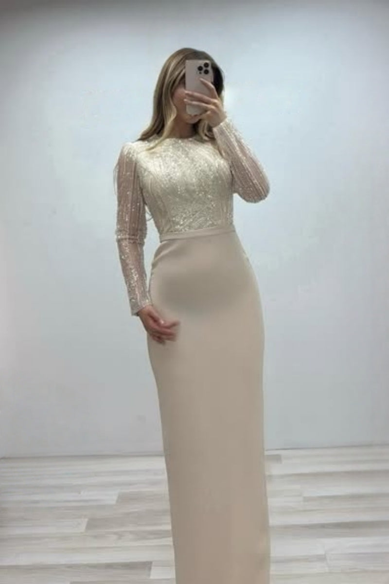 Gentle Beige Tulle Long Sleeves Sequins Evening Dresses With Beadings