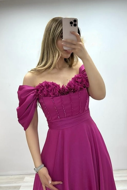 Beautiful Magenta Off-The-Shoulder Ruffles Sequins Evening Dresses