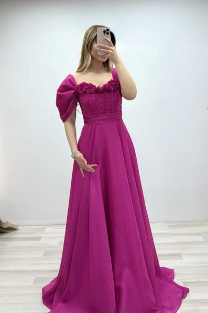 Beautiful Magenta Off-The-Shoulder Ruffles Sequins Evening Dresses