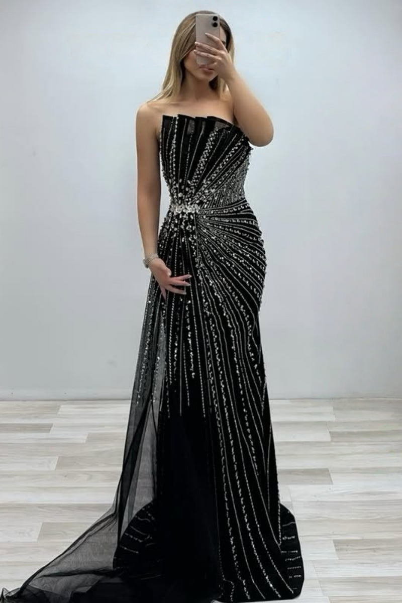 Decent Black Tulle Column Evening Dresses With Beadings