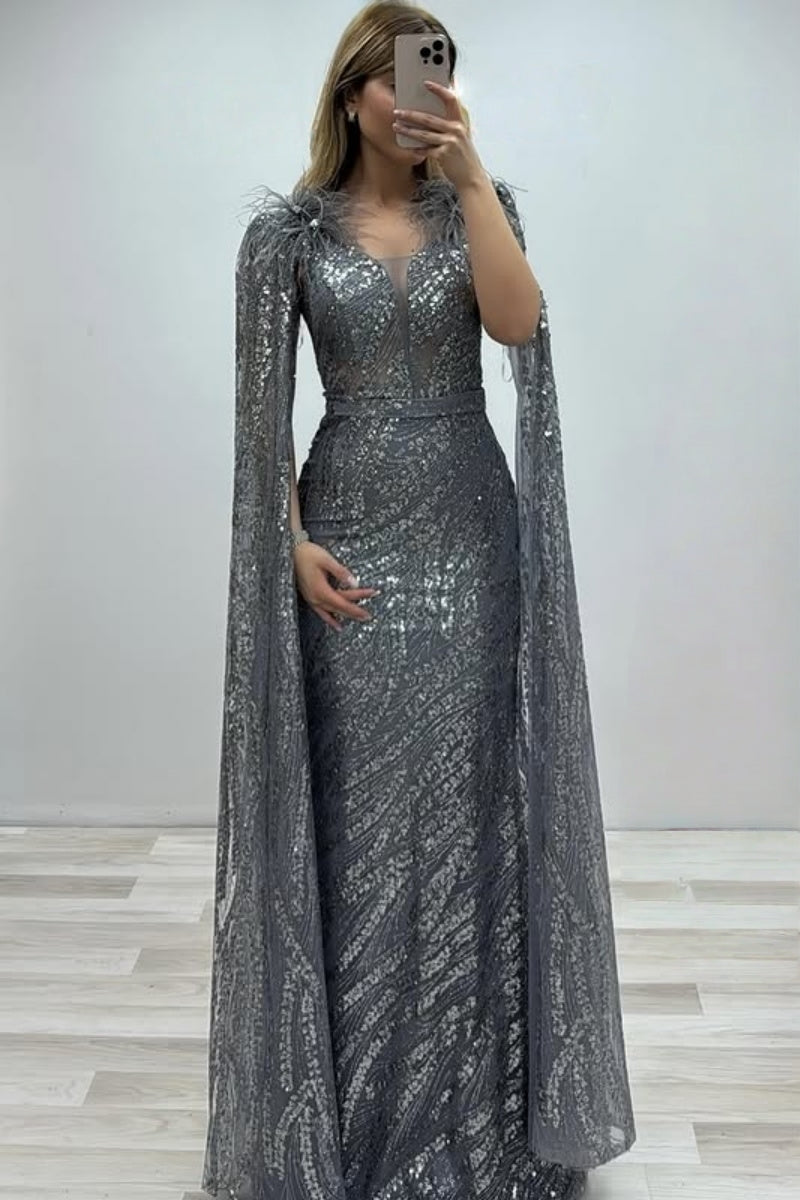Luxury Silver Gray Sequins Evening Dresses With Feathers