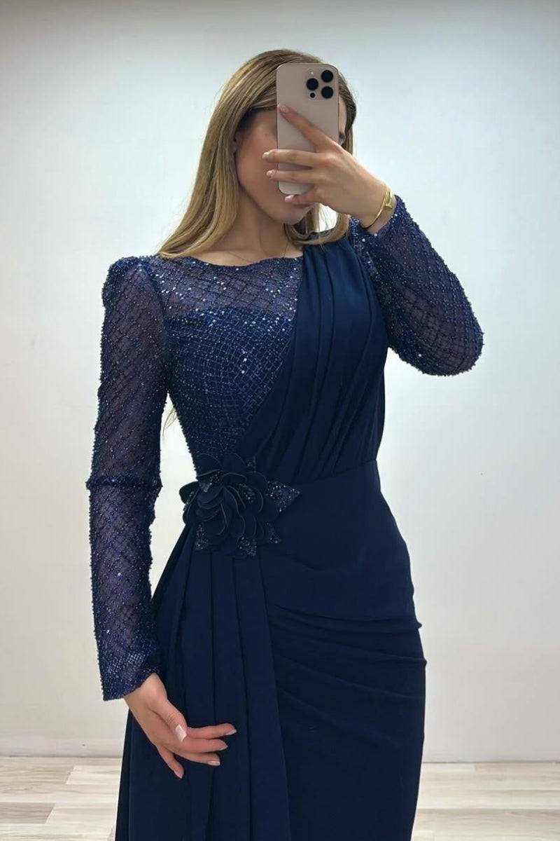 Intellectuality Dark Navy Long Sleeves Evenings Dresses With Beadings