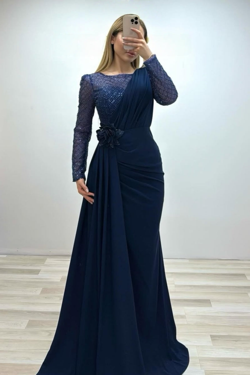 Intellectuality Dark Navy Long Sleeves Evenings Dresses With Beadings