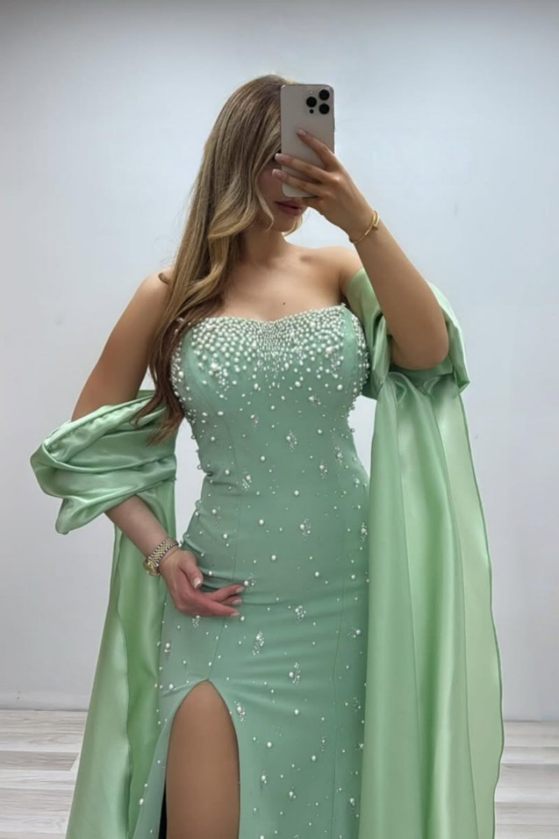Exquisite Green Strapless Slit Evenings Dresses With Beadings