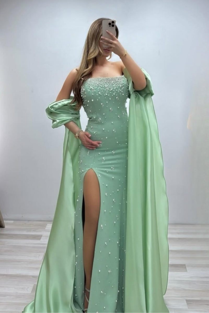 Exquisite Green Strapless Slit Evenings Dresses With Beadings