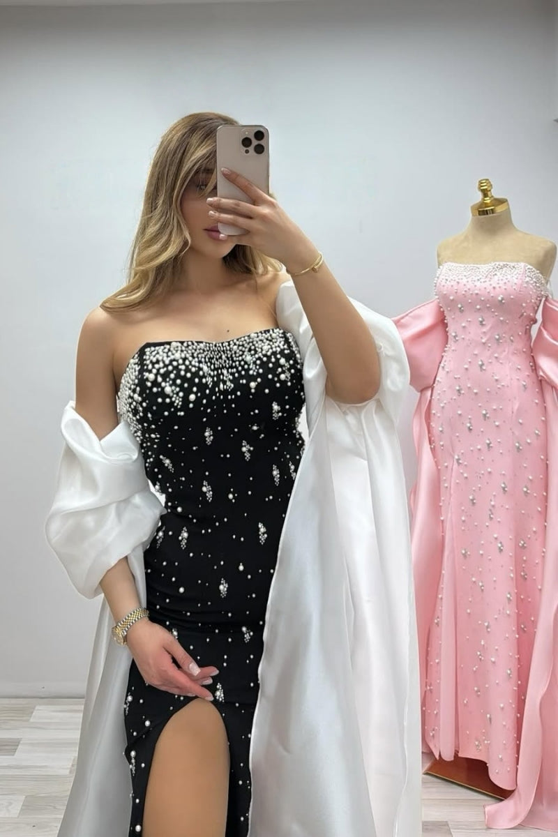Charming Black Slit Beadings Evenings Dresses With White Shawl Sleeves