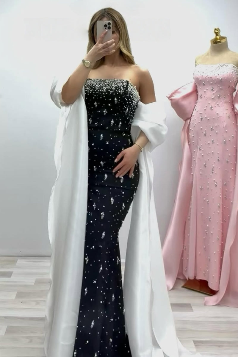 Charming Black Slit Beadings Evenings Dresses With White Shawl Sleeves