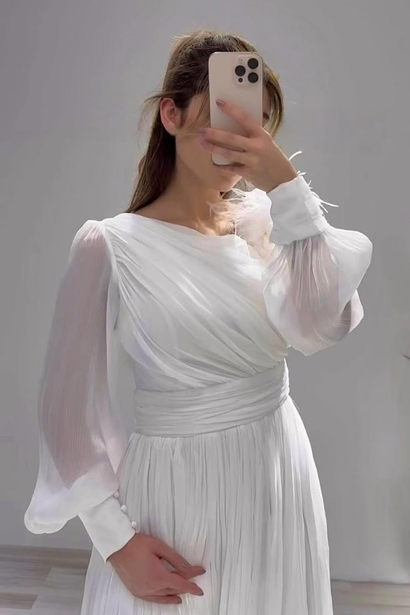 Serious White Chiffon Long Sleeves Evenings Dresses With Feathers
