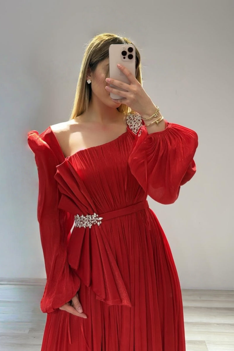 Wonderful Red Chiffon Long Sleeves Evenings Dresses With Beadings