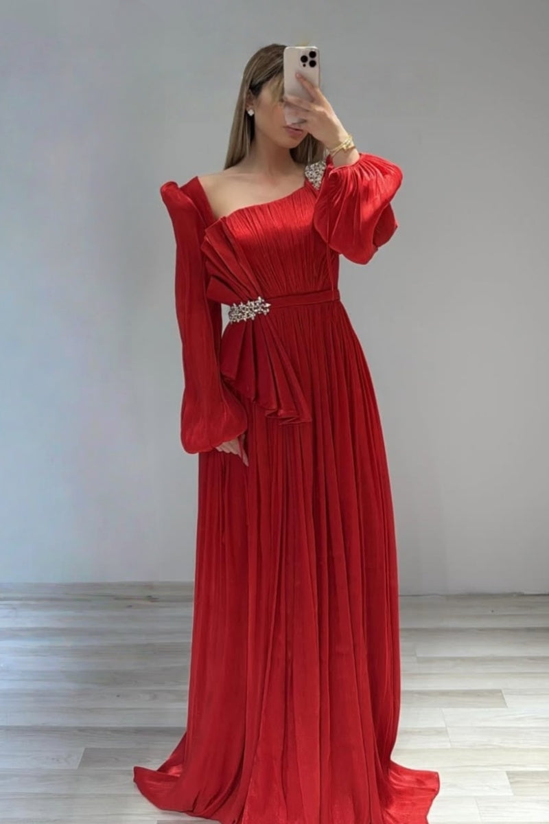 Wonderful Red Chiffon Long Sleeves Evenings Dresses With Beadings