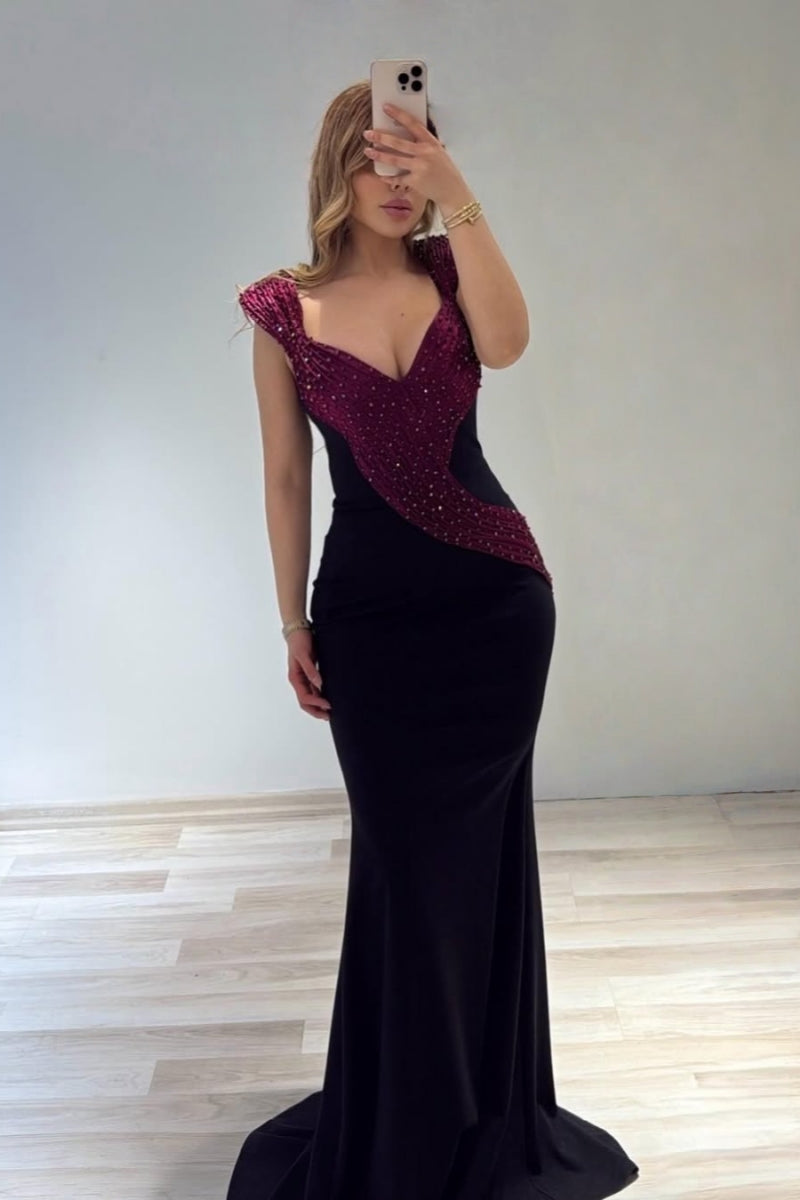 Modern Black And Burgundy Evenings Dresses With Beadings