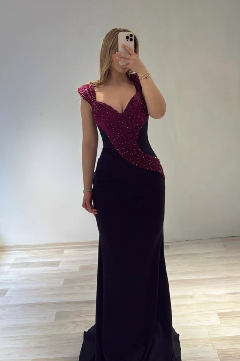 Modern Black And Burgundy Evenings Dresses With Beadings