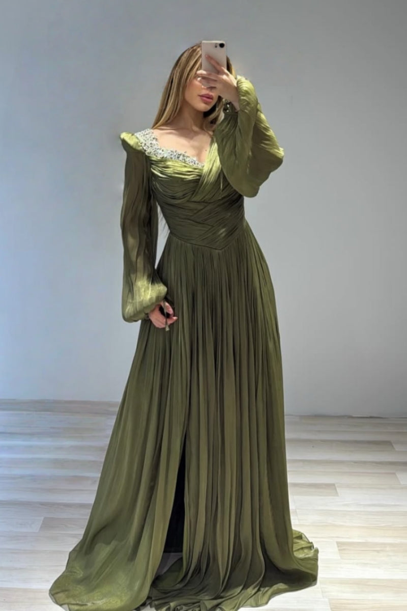 Generous Green Chiffon Evenings Dresses With Beadings