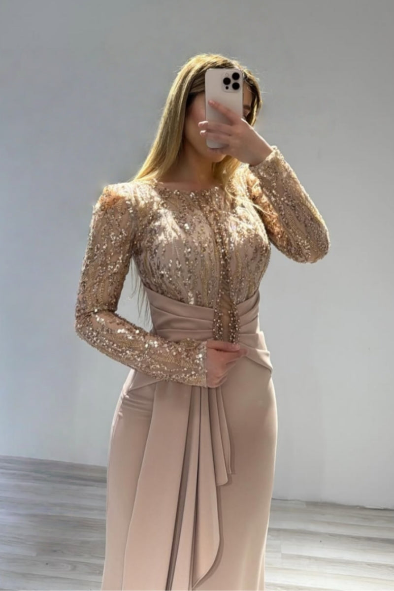 Gorgeous Beige Tulle Long Sleeves Sequins Evenings Dresses With Beadings