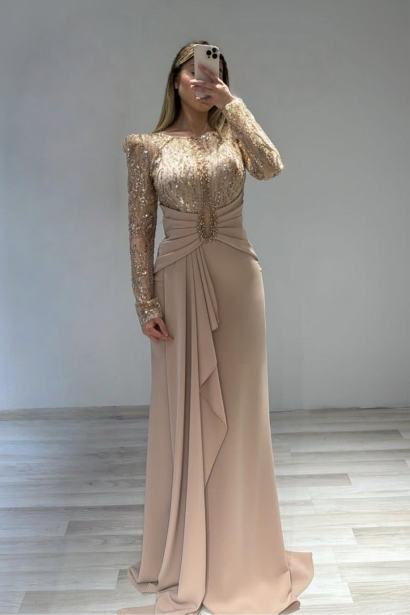 Gorgeous Beige Tulle Long Sleeves Sequins Evenings Dresses With Beadings