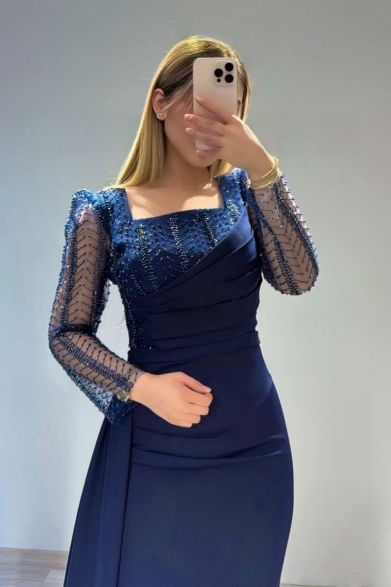 Serious Dark Navy Long Sleeves Tulle Evenings Dresses With Beadings