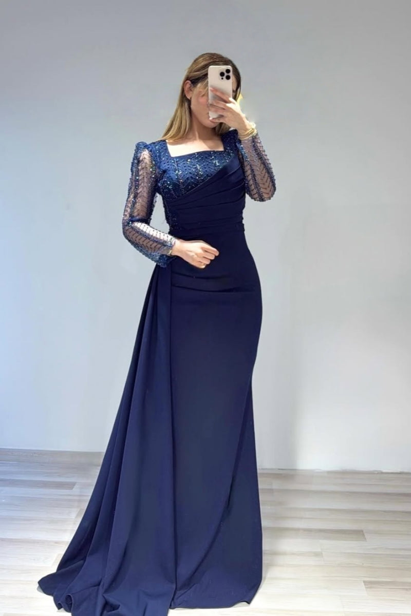 Serious Dark Navy Long Sleeves Tulle Evenings Dresses With Beadings
